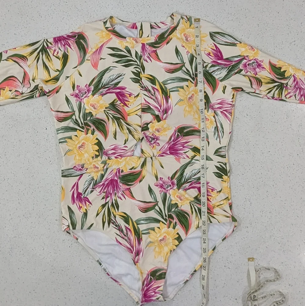 NWT Freshwater Floral One Piece Swimsuit Long Sleeve Bathing Suit Yellow XXL